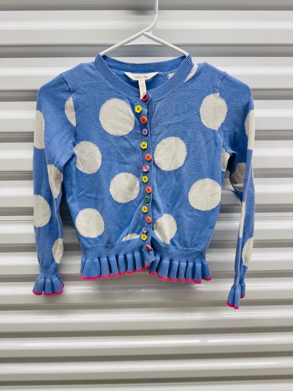 Matilda Jane Blue and White Polka Dot Cardigan with Multicolor Buttons